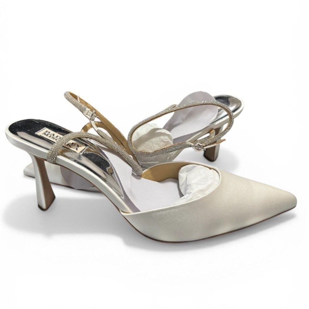 Badgley Mischka Kamilah Crystal Slingback Bridal Heels Sz 11 Ivory Satin Wedding - Picture 2 of 6